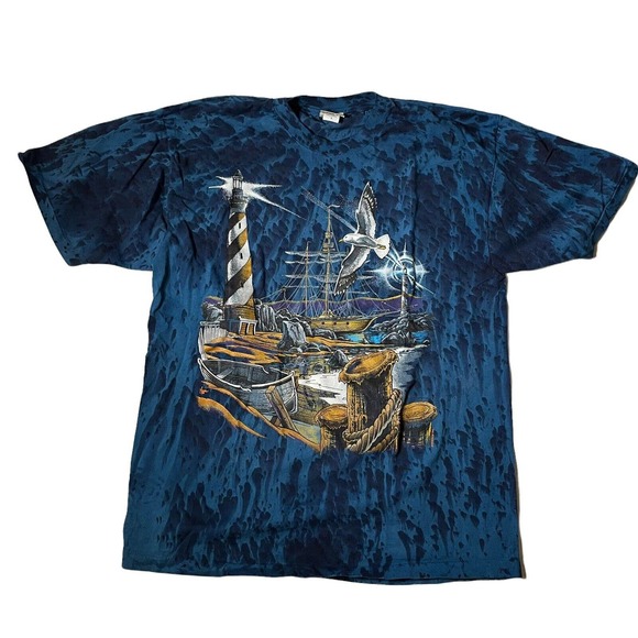 Vintage 90's Tie Dye Boat Ship Seagull Ocean‎ T Shirt XL Men's USA Blue - Picture 1 of 8